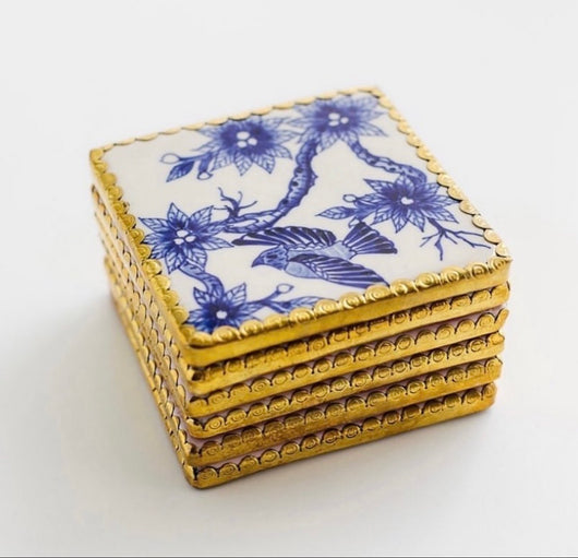Vintage Bird Royal Blue Coasters - Set of 6