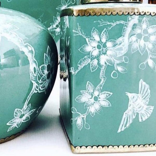 Vintage Bird Square Ginger Jar in Dark Turquoise