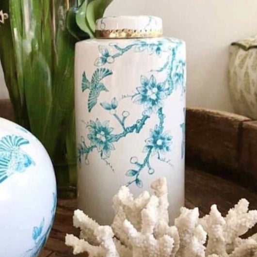 Vintage Bird Large Canister in White with Turquoise
